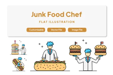 Chef com hambúrguer e pizza de junk food Pacote de Ilustrações