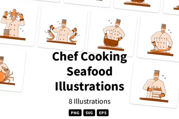 Chef Cooking Seafood Illustration Pack