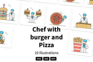 Chef With Burger And Pizza Illustration Pack