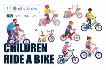 Children Riding Bicycle Illustration Pack