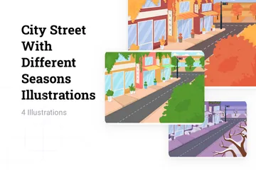 City Street With Different Seasons Illustration Pack