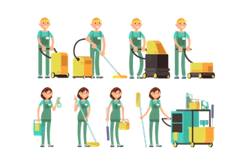 Cleaner Character With Cleaning Equipment Illustration Pack