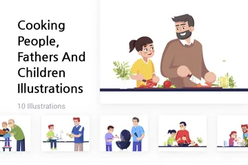 Cocinando gente, padres e hijos. Paquete de Ilustraciones