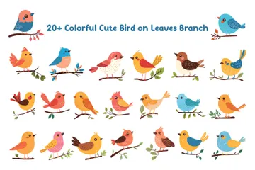 Colorful Cute Bird On Leaves Branch Illustration Pack