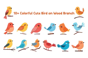 Colorful Cute Bird On Wood Branch Illustration Pack