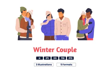 Conjunto de casal romântico usando jaqueta no inverno Pacote de Ilustrações