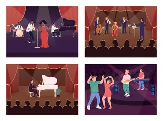Conjunto de ilustración vectorial de color plano de espectáculo de música en vivo Paquete de Ilustraciones