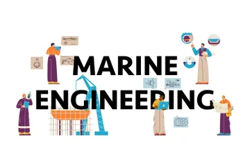 Constructeurs de navires concevant des équipements marins. Pack d'Illustrations