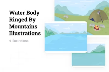 Corpo d'água cercado por montanhas Pacote de Ilustrações