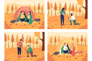 Couple Camping In Autumn Illustration Pack