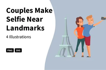 Couples Make Selfie Near Landmarks Illustration Pack