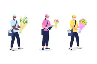 Couriers In Mask And Gloves With Flowers