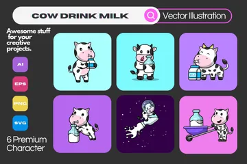Cow Drink Milk Illustration Pack