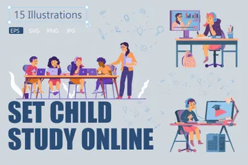 Crianças estudam em escola online Pacote de Ilustrações