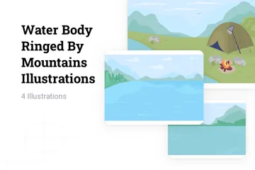 Cuerpo de agua rodeado de montañas Paquete de Ilustraciones