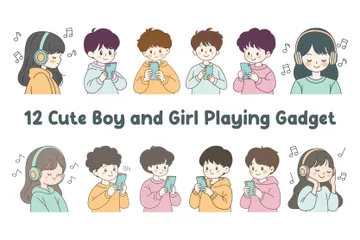 Cute Boy And Girl Playing Gadget Illustration Pack