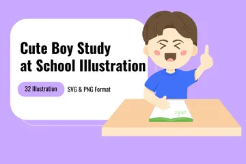 Cute Boy Study At School Illustration Pack