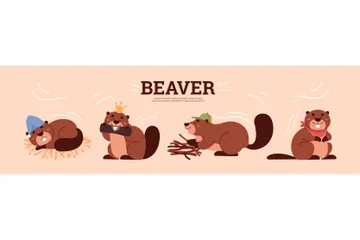 Cute Cartoon Beavers Illustration Pack