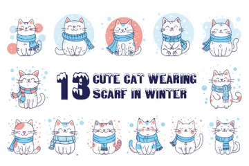 Cute Cat Cartoon Wearing Scarf In Snow Winter Illustration Pack