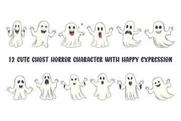 Cute Ghost Horror Character With Happy Expression Illustration Pack