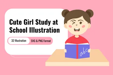 Cute Girl Study At School Illustration Pack