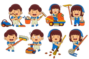 Cute Housekeeper Character Illustration Pack