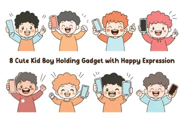 Cute Kid Boy Holding Gadget With Happy Expression Illustration Pack