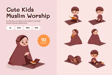 Cute Kids Muslim Worship Illustration Pack