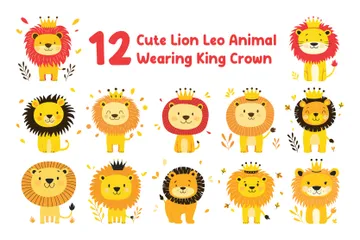 Cute Lion Leo Animal Wearing Crown Illustration Pack