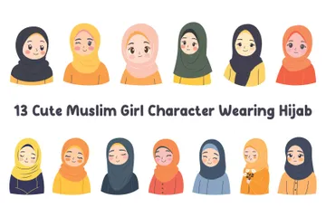 Cute Muslim Girl Character Wearing Hijab Illustration Pack