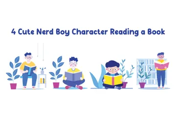 Cute Nerd Boy Character Reading A Book Illustration Pack