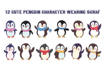 Cute Penguin Character With Scarf Illustration Pack