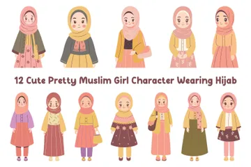 Cute Pretty Muslim Girl Character Wearing Hijab Illustration Pack