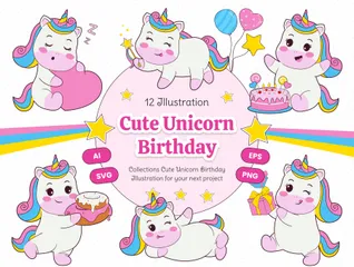 Cute Unicorn Birthday Illustration Pack