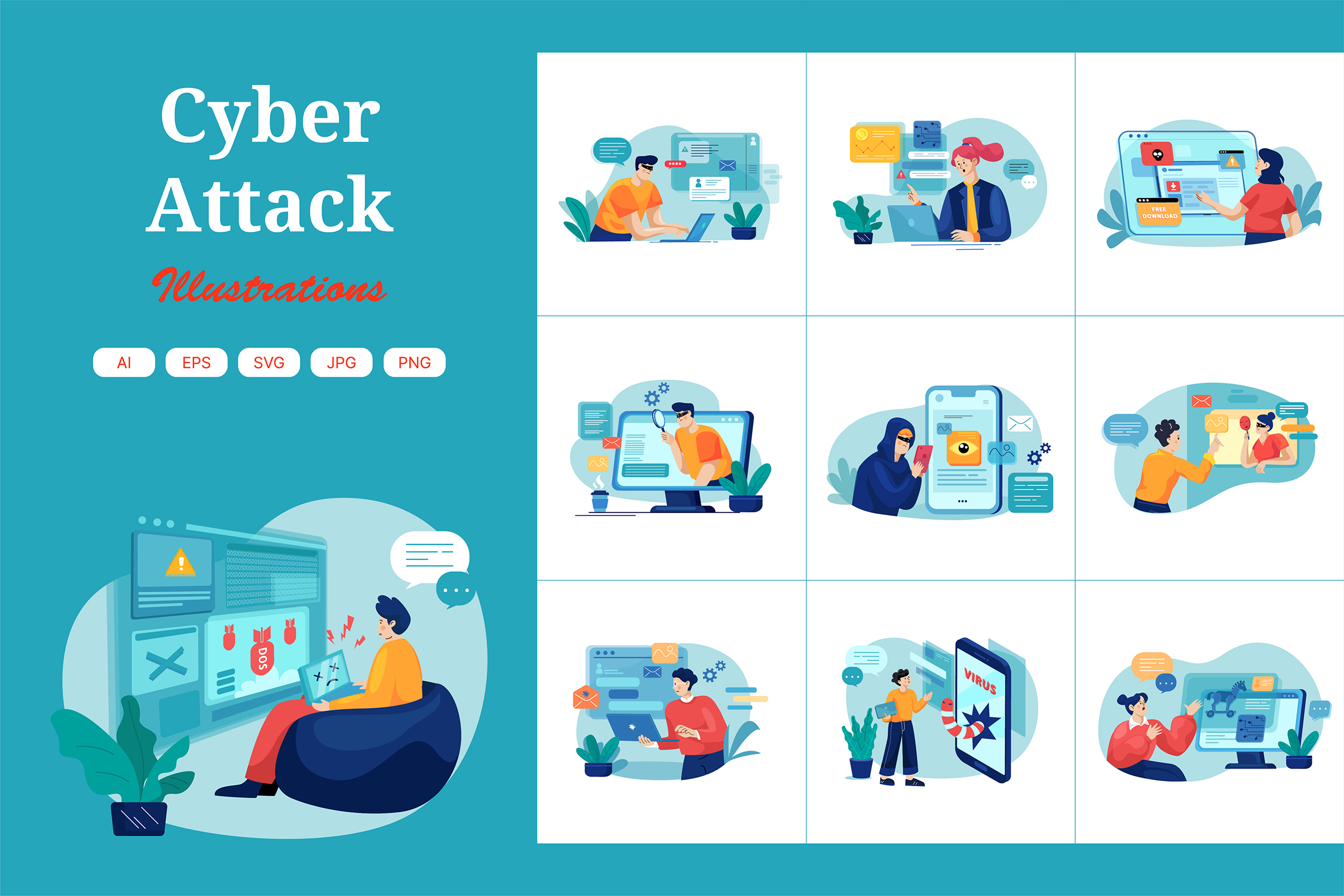 Premium Cyber Attack Illustration pack from Crime & Security Illustrations