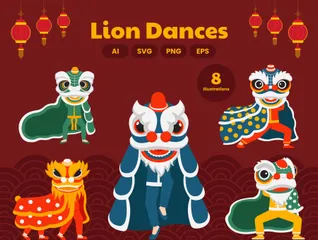 Danzas del León Año Nuevo Chino Paquete de Ilustraciones