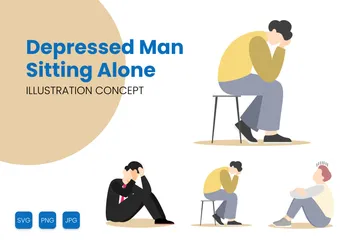 Depressed Man Sitting Alone Illustration Pack