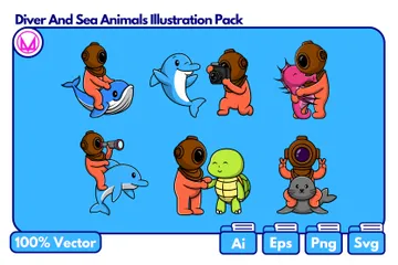 Diver With Sea Animals Illustration Pack