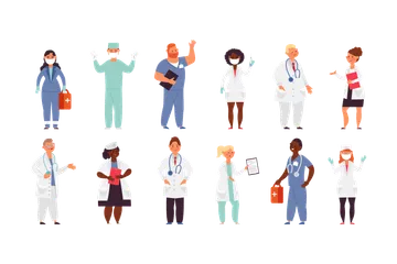 Personajes de doctor enfermera. Enfermeras médicas, atención médica plana masculina Paquete de Ilustraciones