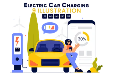 Electric Car Battery Charging Illustration Pack