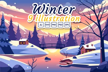 Encantador pueblo de invierno Paquete de Ilustraciones