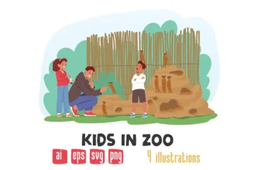 Enfants au zoo Pack d'Illustrations