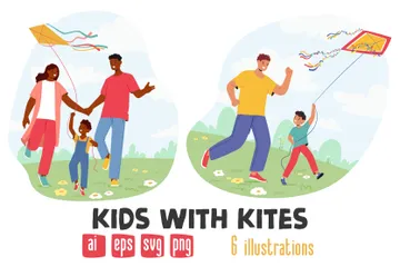 Enfants avec des cerfs-volants Pack d'Illustrations