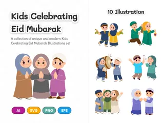 Enfants célébrant l'Aïd Moubarak Illustration Pack