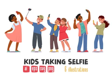 Enfants prenant un selfie Pack d'Illustrations