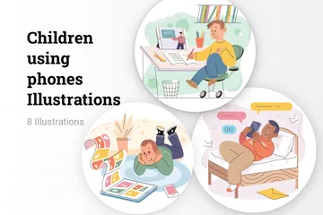 Enfants utilisant des téléphones Pack d'Illustrations