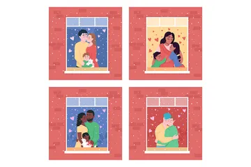 Familia feliz en la ventana de inicio Paquete de Ilustraciones