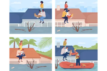 Une famille coincée sur un toit pendant une inondation Pack d'Illustrations