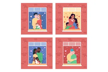 Famille heureuse dans la fenêtre d'accueil Pack d'Illustrations