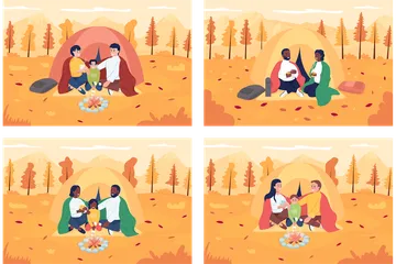 Family Camping During Fall Illustration Pack
